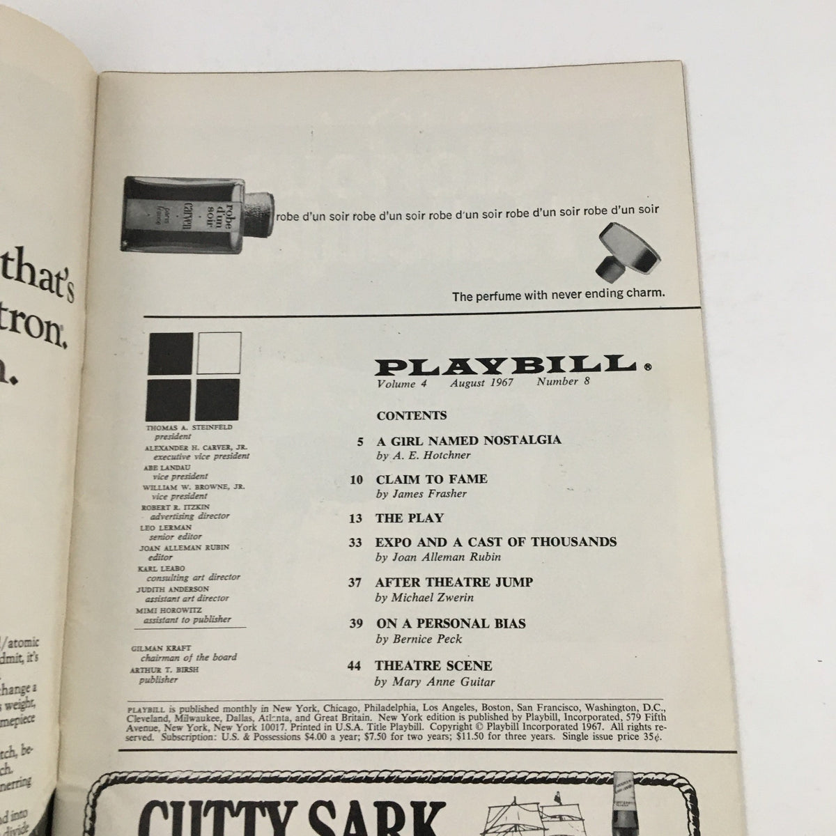 Inside page of the 1967 Playbill for Neil Simon's The Star Spangled Girl, showcasing the table of contents and magazine layout.
