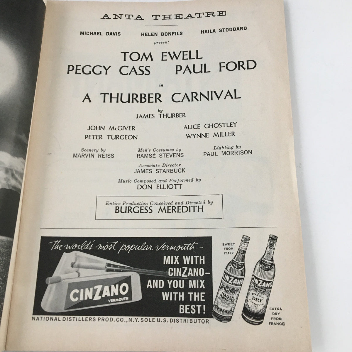 Title page of the 1960 Playbill for A Thurber Carnival at Anta Theatre, featuring the cast including Tom Ewell and Paul Ford, with details on performances.