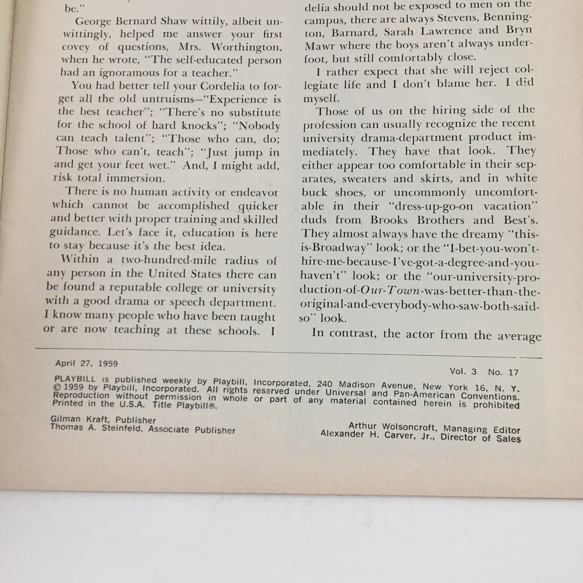 Inside page of the 1959 Playbill for Sweet Bird of Youth, detailing insights about the theatrical profession and education, published on April 27, 1959.