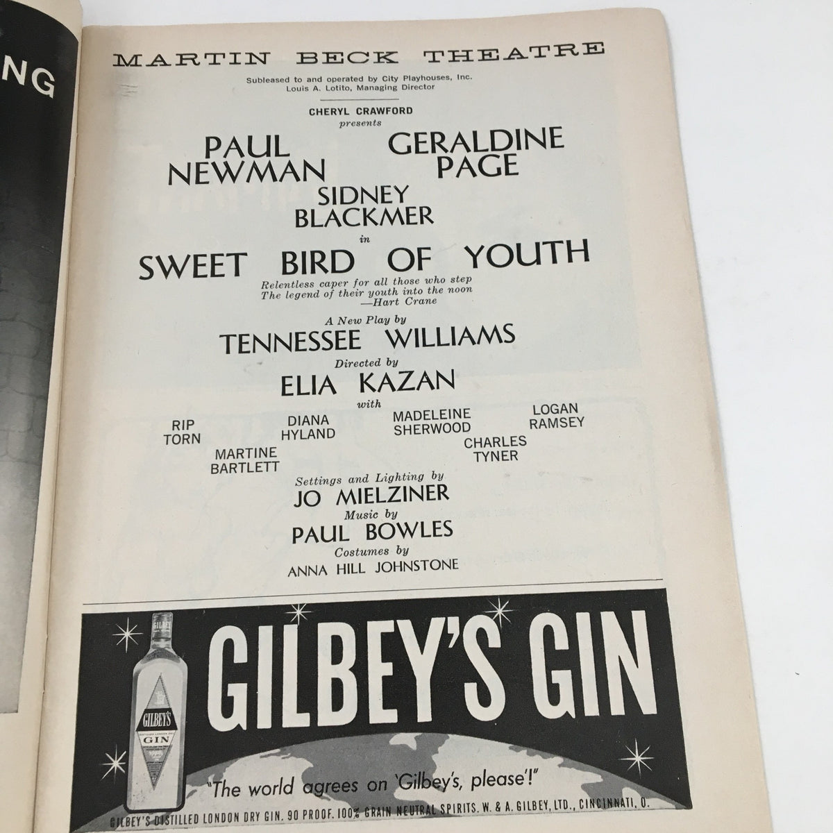 1959 Playbill from Martin Beck Theatre featuring Paul Newman, Geraldine Page, and Sidney Blackmer in Tennessee Williams' Sweet Bird of Youth. The image showcases details of the cast, director Elia Kazan, and production credits. A historical piece reflecting American theatre during the 1950s.