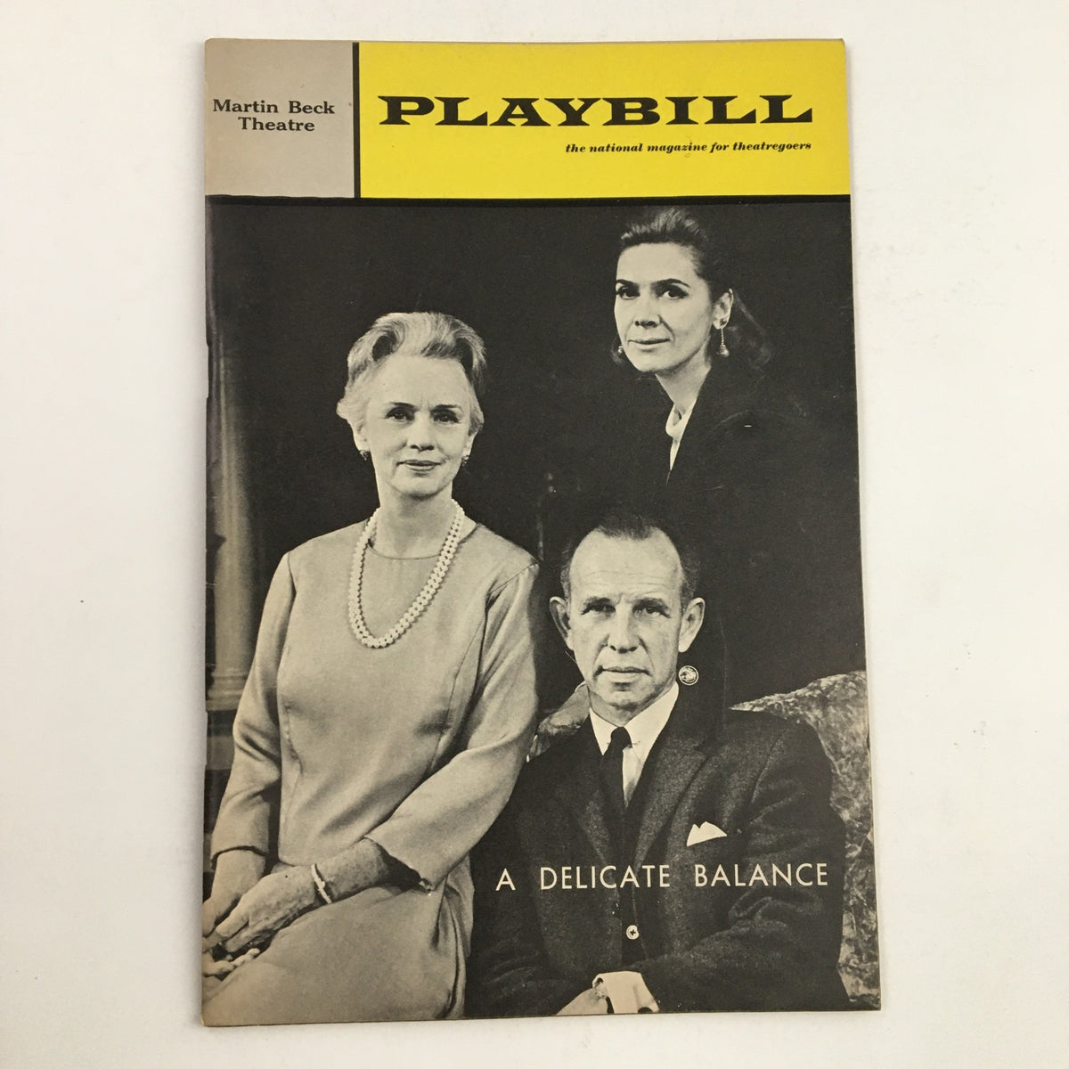 1966 Playbill for Edward Albee's 'A Delicate Balance' featuring images of three cast members at the Martin Beck Theatre.