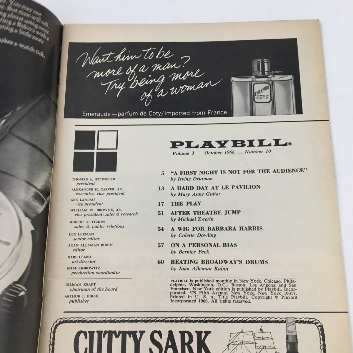 Inside page of the 1966 Playbill for Edward Albee's 'A Delicate Balance' listing content and advertisements.