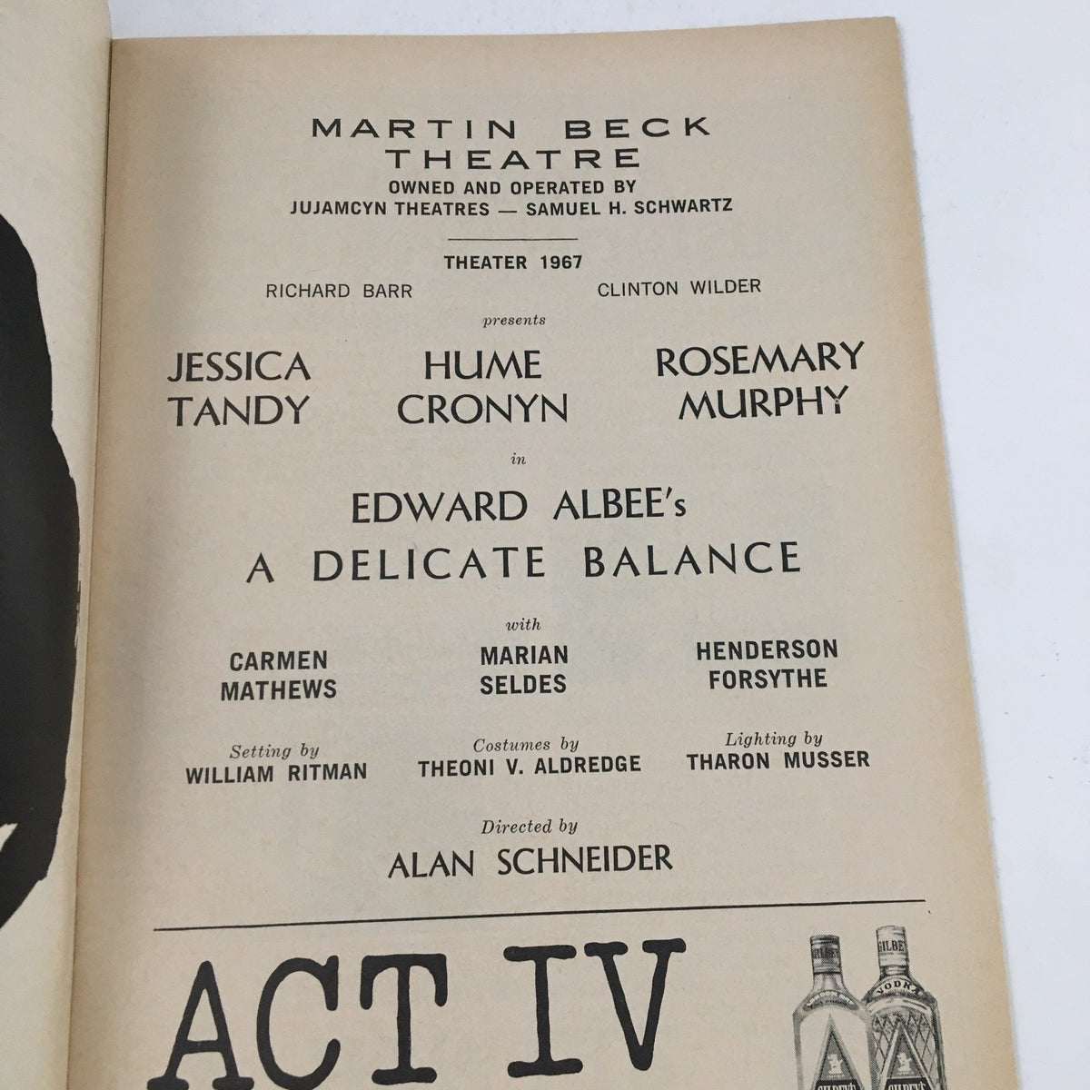 Cast and crew details from the 1966 Playbill for Edward Albee's 'A Delicate Balance' at Martin Beck Theatre.
