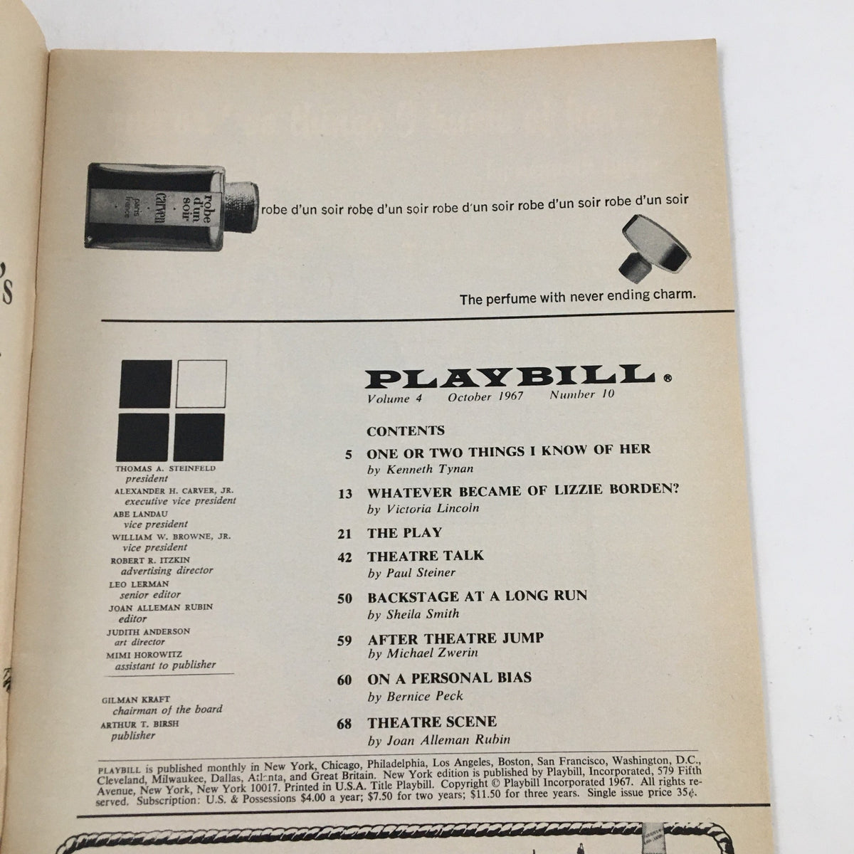 Contents page of the 1967 Playbill from Ambassador Theatre, including articles and listings relevant to 'You Know I Can't Hear You When The Water's Running'.