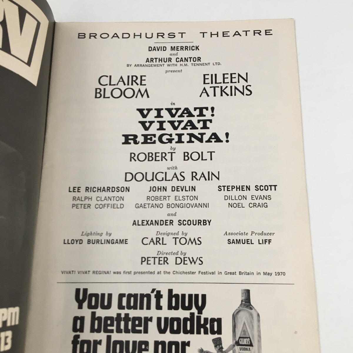 Theater page from the 1972 Playbill for 'Vivat Vivat Regina' featuring cast members including Claire Bloom.