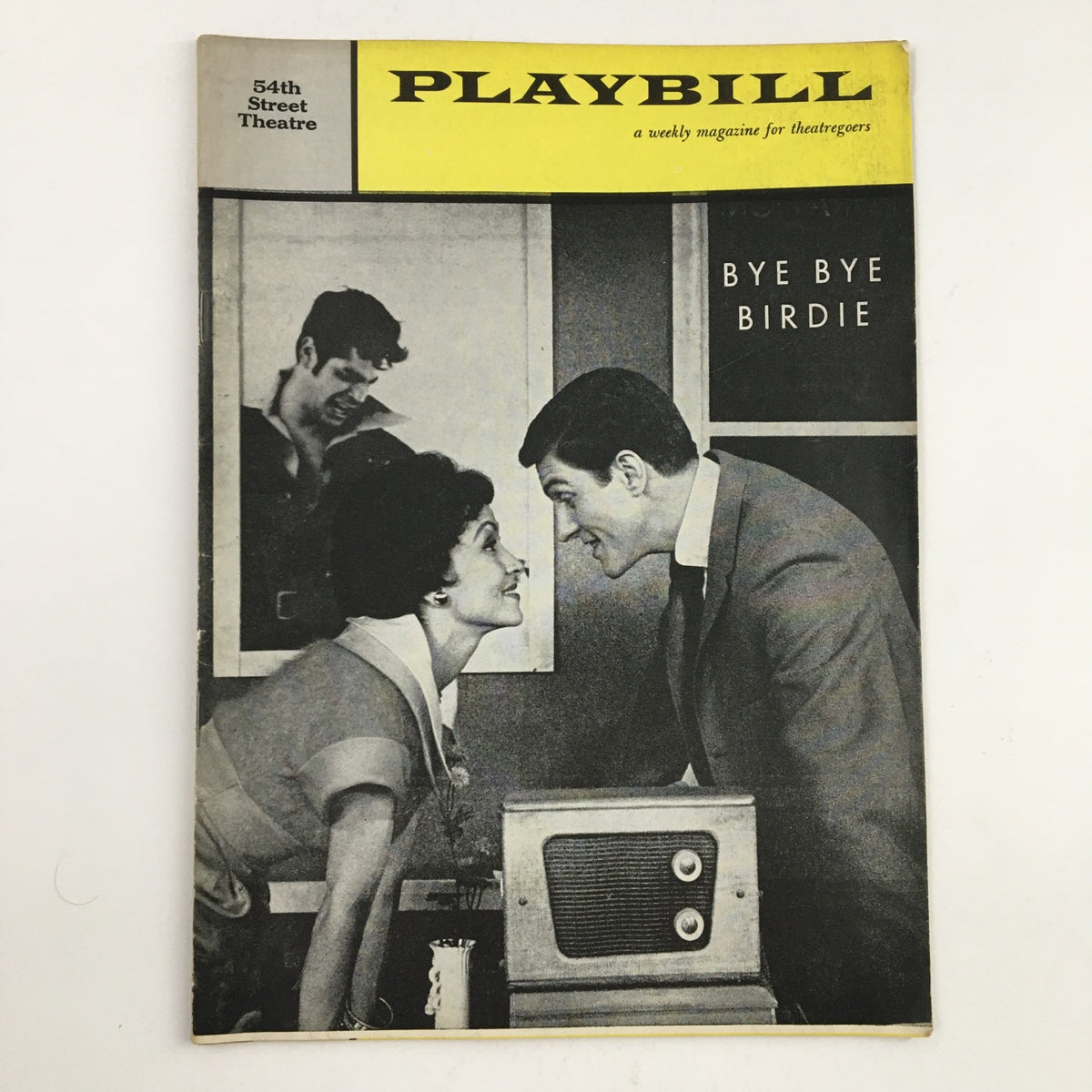 1961 Playbill for Bye Bye Birdie by Gower Champion featuring characters in a scene with a vintage television, showcasing the 54th Street Theatre.