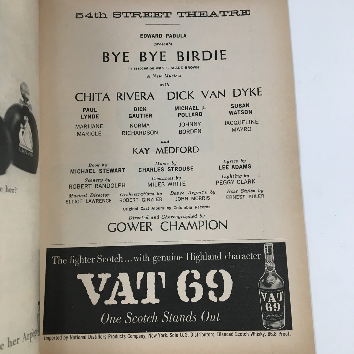 Another inside page of the 1961 Playbill for Bye Bye Birdie, displaying the cast and production details at the 54th Street Theatre, emphasizing its theatrical significance.