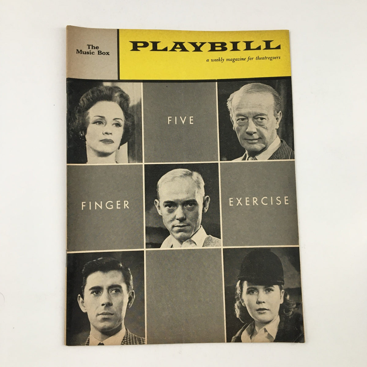 1960 Playbill The Music Box featuring Jessica Tandy in Five Finger Exercise, showcasing black and white portraits of the cast.