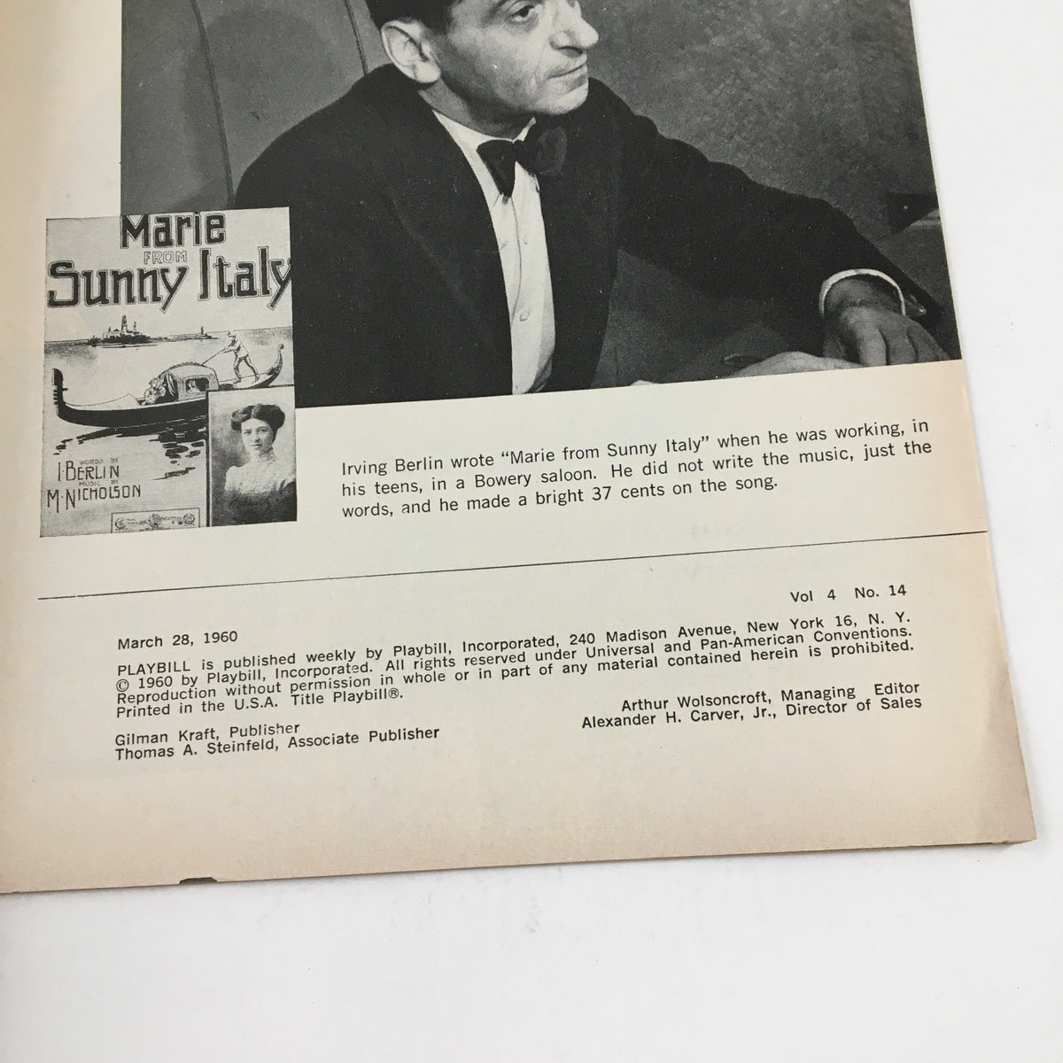 1960 Playbill The Music Box announcing the performance of Five Finger Exercise, featuring a section on Marie from Sunny Italy.