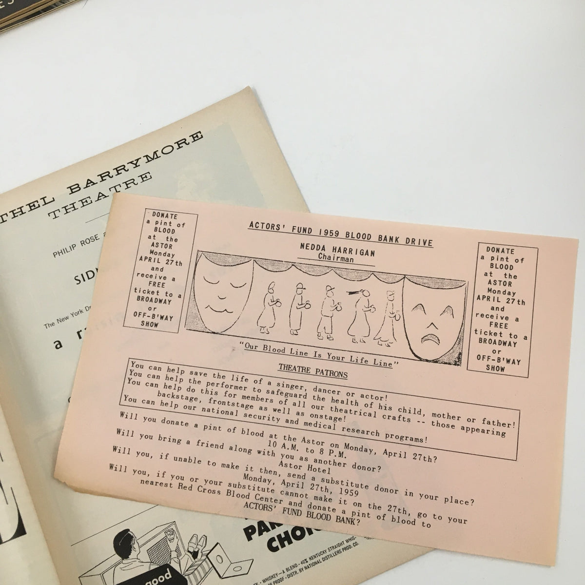 Promotional pamphlet from 1959 Actors' Fund Blood Bank Drive included with the 1959 Playbill for 'A Raisin In The Sun' featuring Sidney Poitier at Ethel Barrymore Theatre.