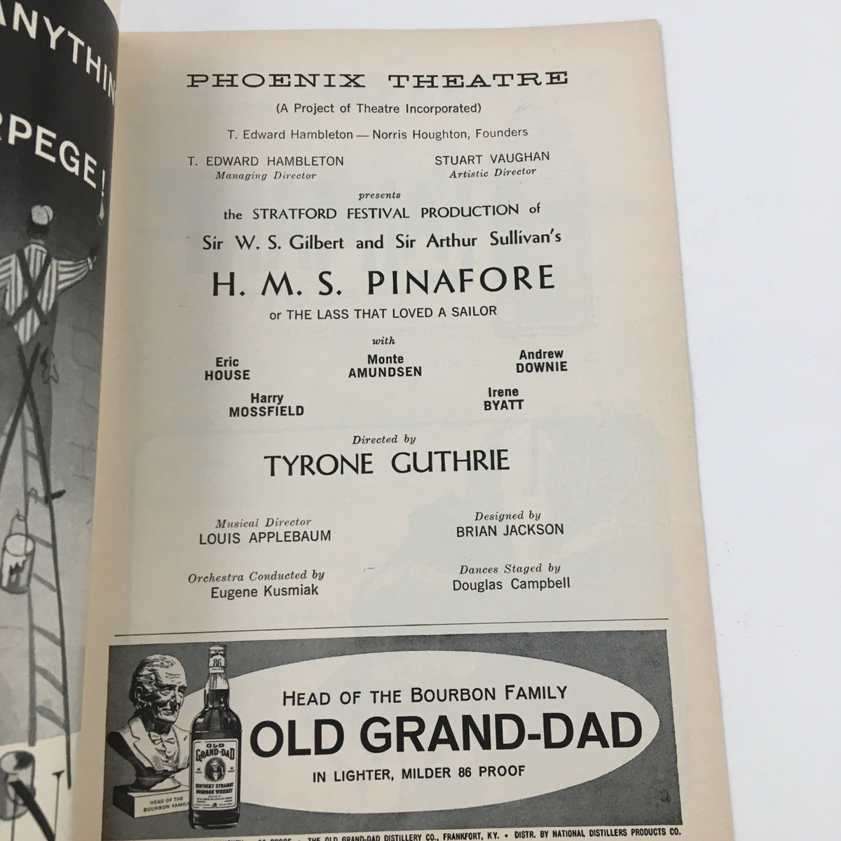 Credits page of the 1960 Playbill for H.M.S. Pinafore, detailing the cast, production team, and director Tyrone Guthrie.