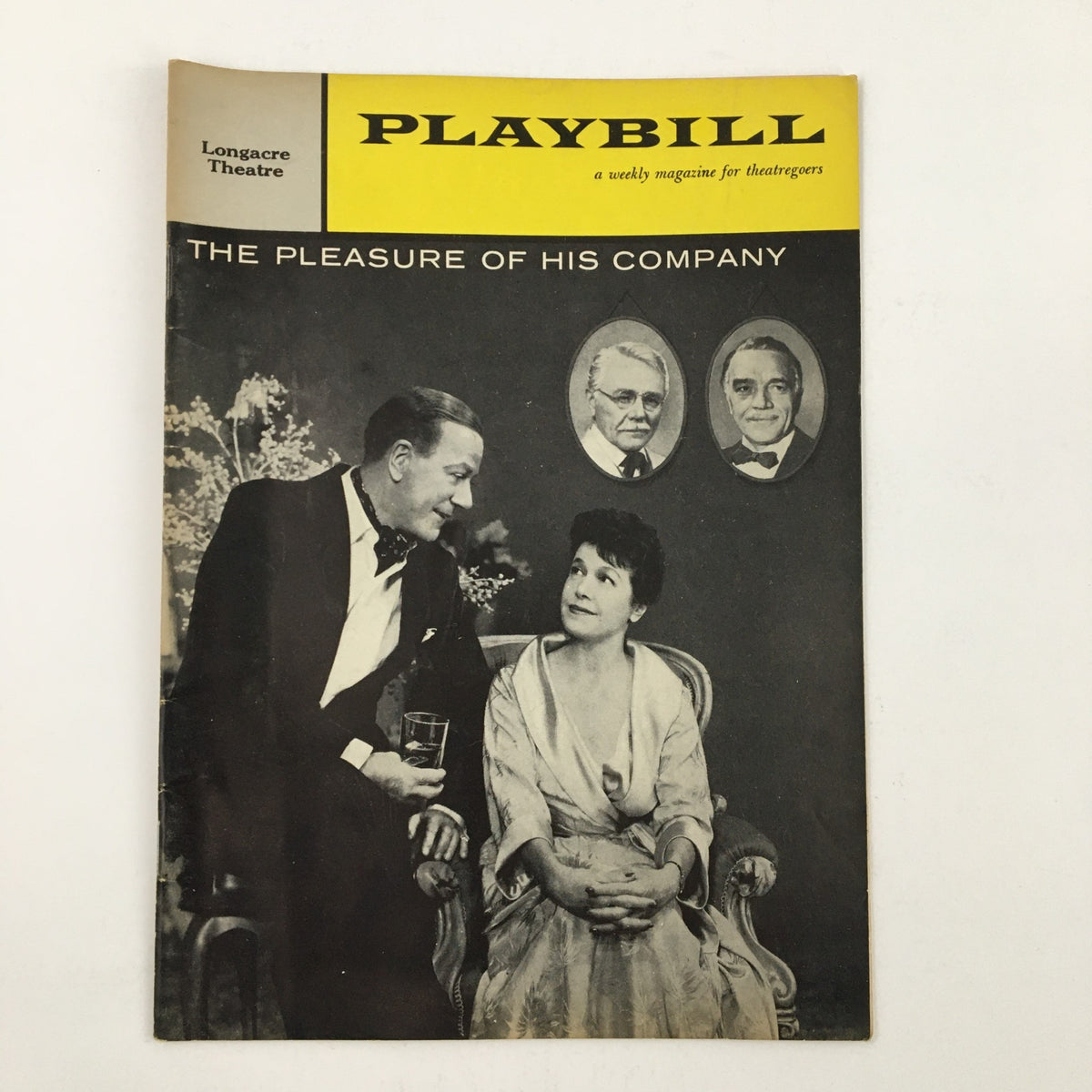 Vintage 1959 Playbill for The Pleasure of His Company at Longacre Theatre featuring black and white cover image and cast portraits.