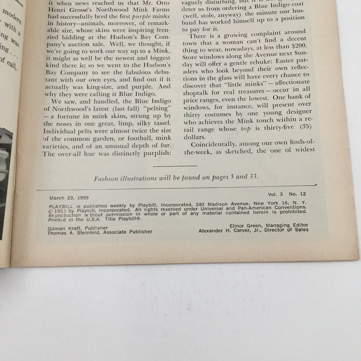 Inside page of the 1959 Playbill for The Pleasure of His Company, detailing the magazine's publication information and cast list.