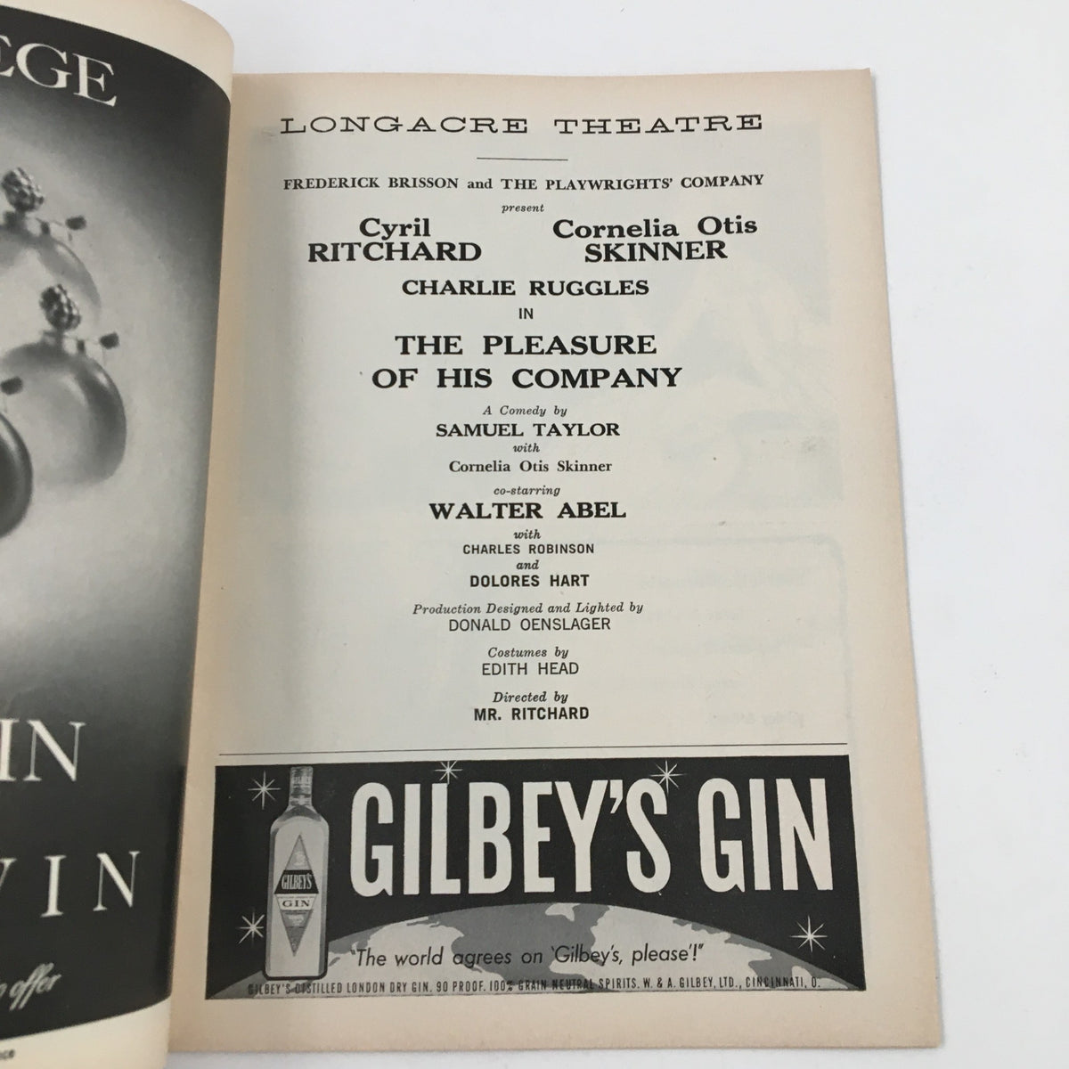 Another interior page of the 1959 Playbill for The Pleasure of His Company, showcasing additional cast details and production credits.