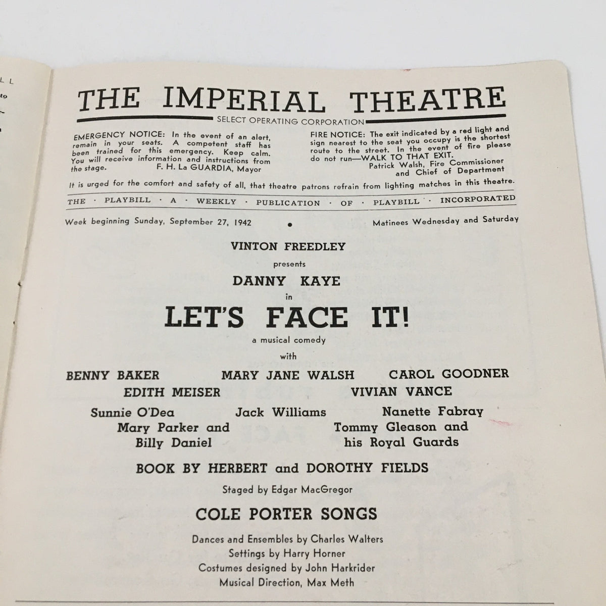 1942 Playbill The Imperial Theatre Present Danny Kaye in Let's Face It - Title page of the playbill featuring Danny Kaye, indicating the production details and notable cast members.