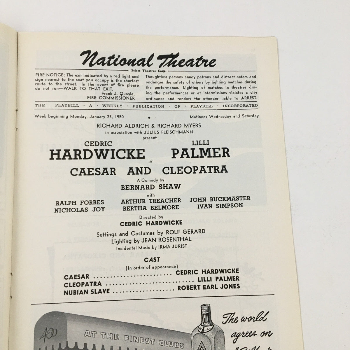 Inside page of the 1950 Playbill for the National Theatre featuring Lilli Palmer in Caesar and Cleopatra, displaying the cast list and production details.