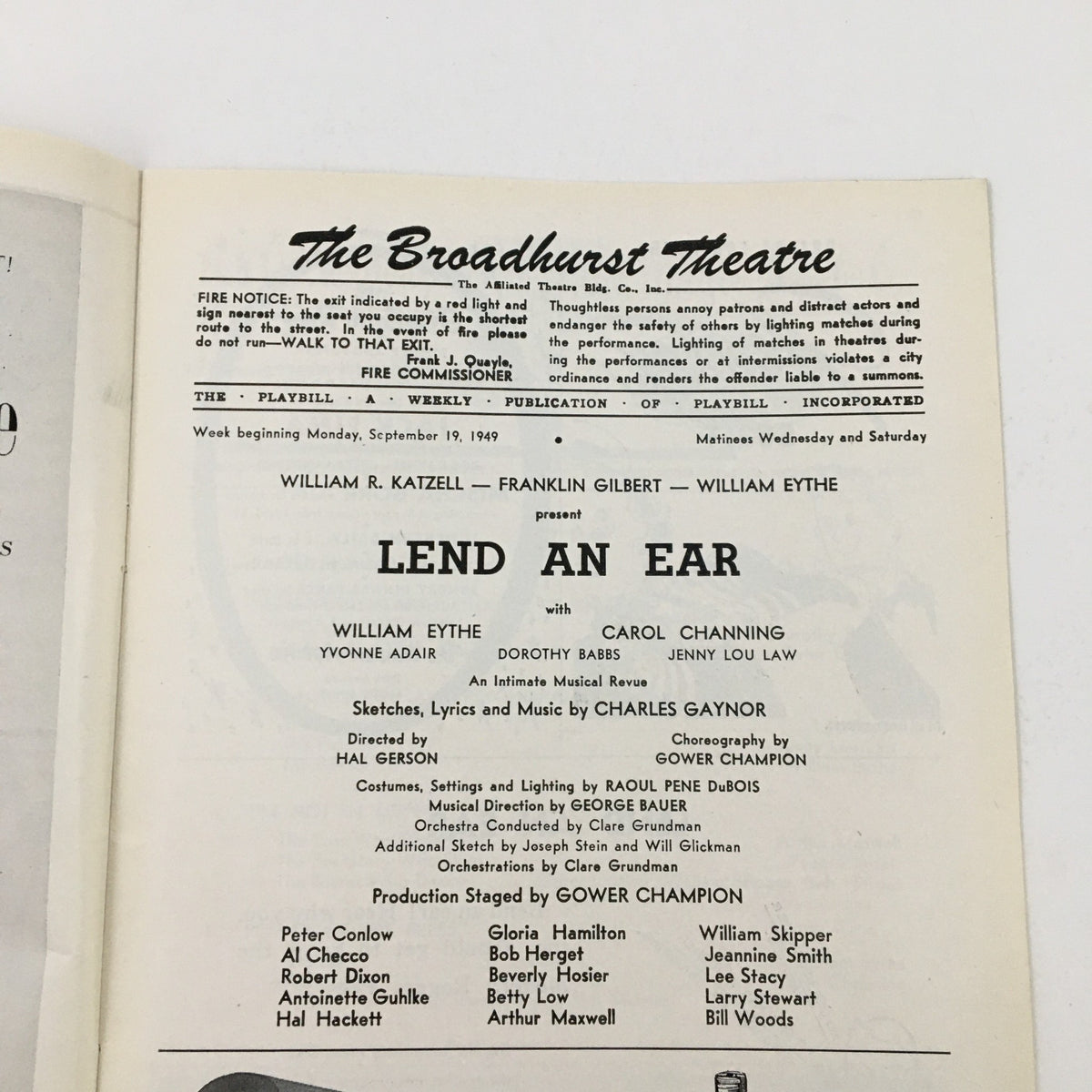 Inside page of the 1949 Playbill for Lend An Ear, detailing the cast and production at The Broadhurst Theatre.
