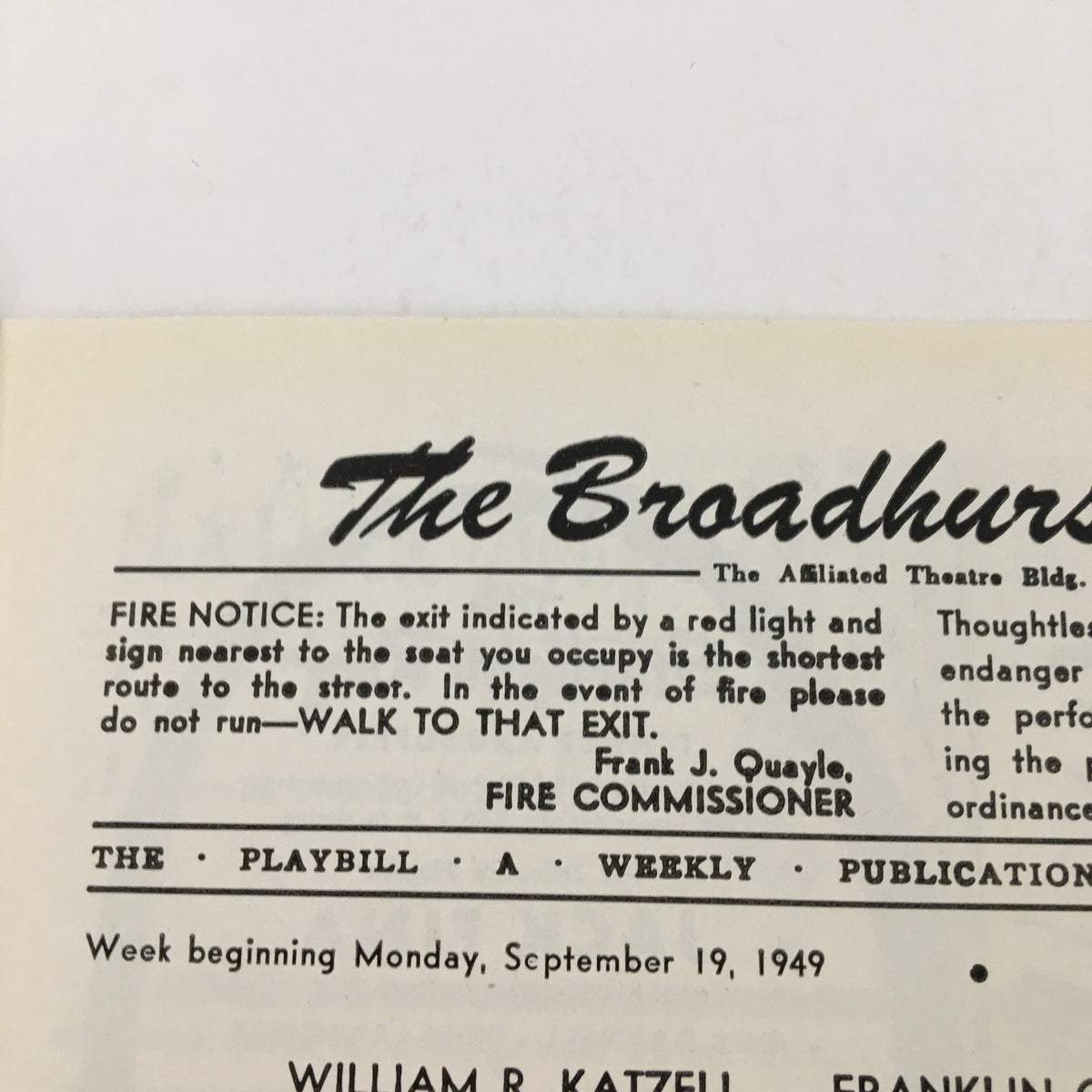 Textual information on the inside of the 1949 Playbill for Lend An Ear, including theater notices and production details.