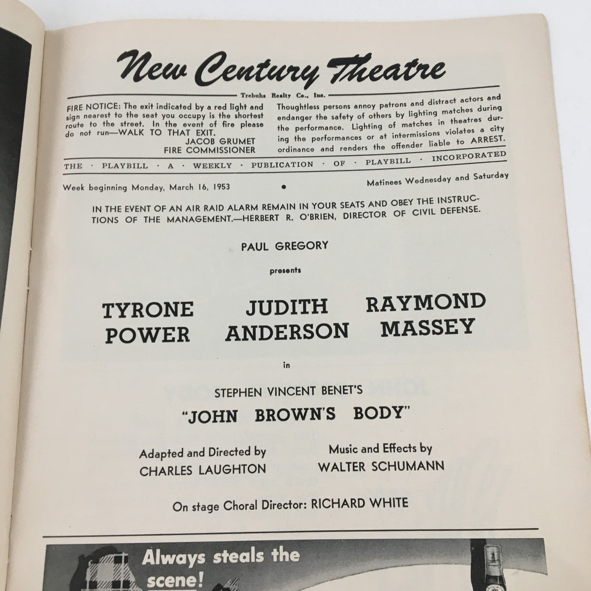 1953 Playbill for John Brown's Body at New Century Theatre featuring Paul Gregory's presentation and cast details including Tyrone Power, Judith Anderson, and Raymond Massey.