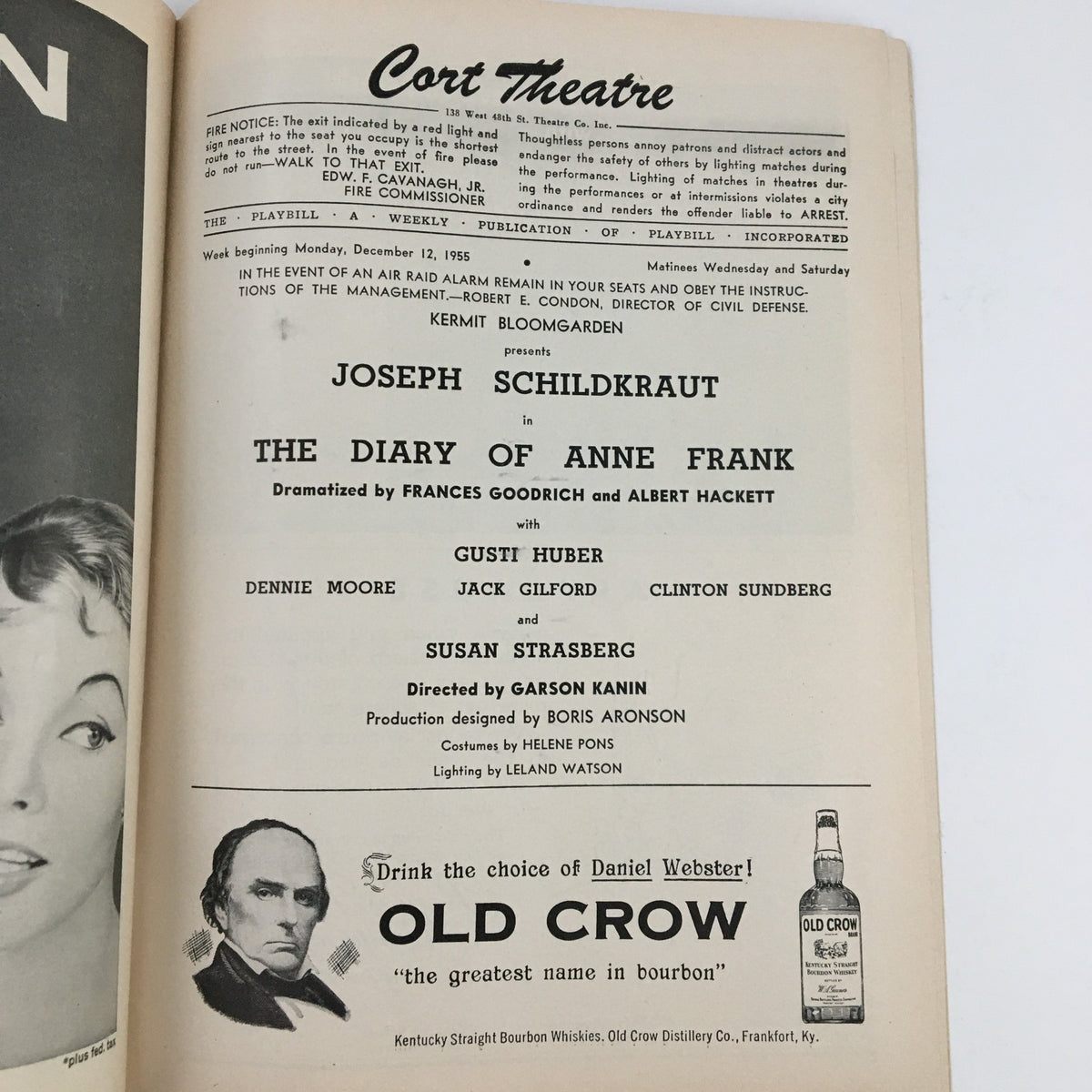 Interior page of the 1955 Playbill for The Cort Theatre, showcasing cast details for The Diary of Anne Frank starring Joseph Schildkraut.