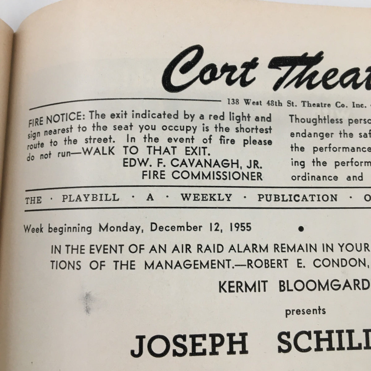 Another interior view of the 1955 Playbill for The Diary of Anne Frank, displaying information about the production at The Cort Theatre.