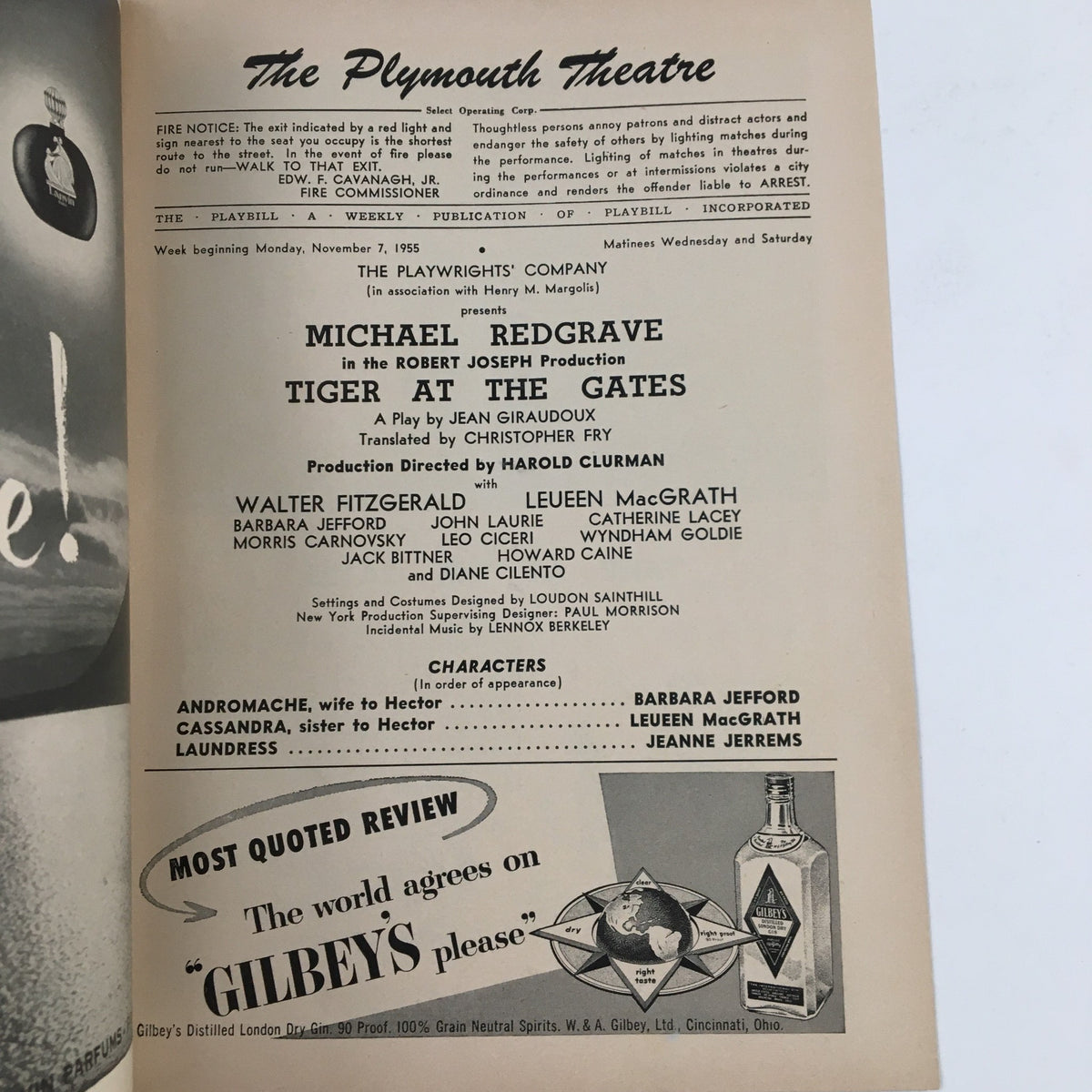 Inside page of the 1955 Playbill from The Plymouth Theatre, detailing the cast and crew for Tiger At The Gates, directed by Harold Clurman.