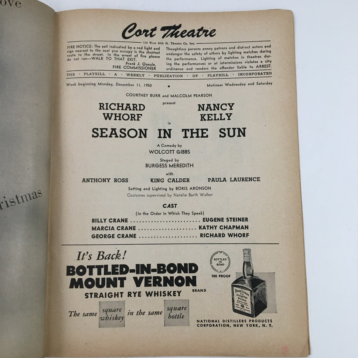 Inside page of the 1950 Playbill for Season In The Sun showcasing the cast and crew details at the Cort Theatre.