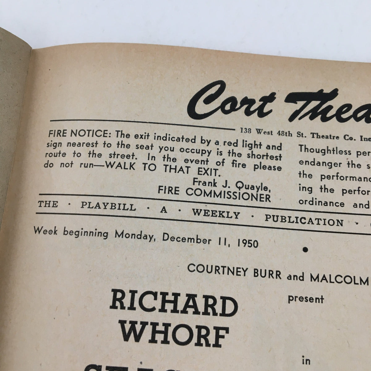 Detailed view of the program for Season In The Sun in the 1950 Playbill from the Cort Theatre, highlighting performance information.