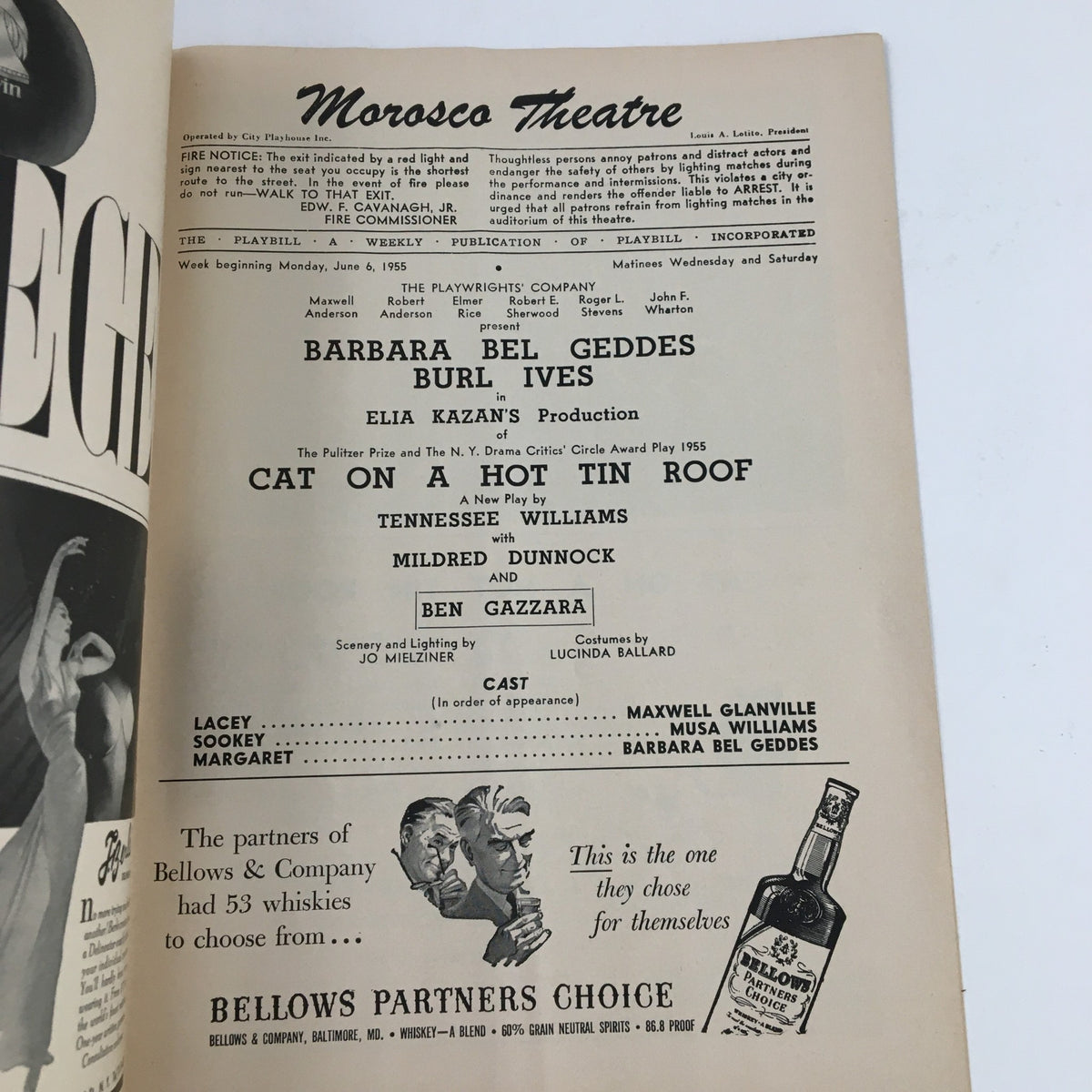 Interior page of the 1955 Playbill from Morosco Theatre, presenting the cast and crew details of Cat On A Hot Tin Roof by Tennessee Williams.