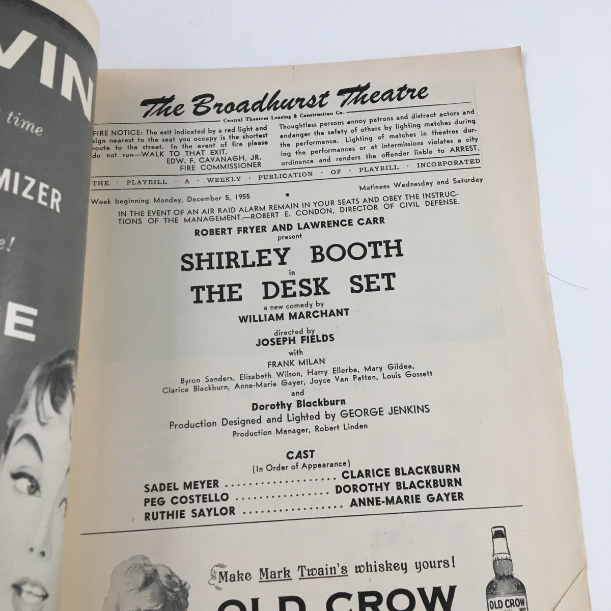 Interior view of the 1955 Playbill for The Desk Set at The Broadhurst Theatre, highlighting the cast and production details.