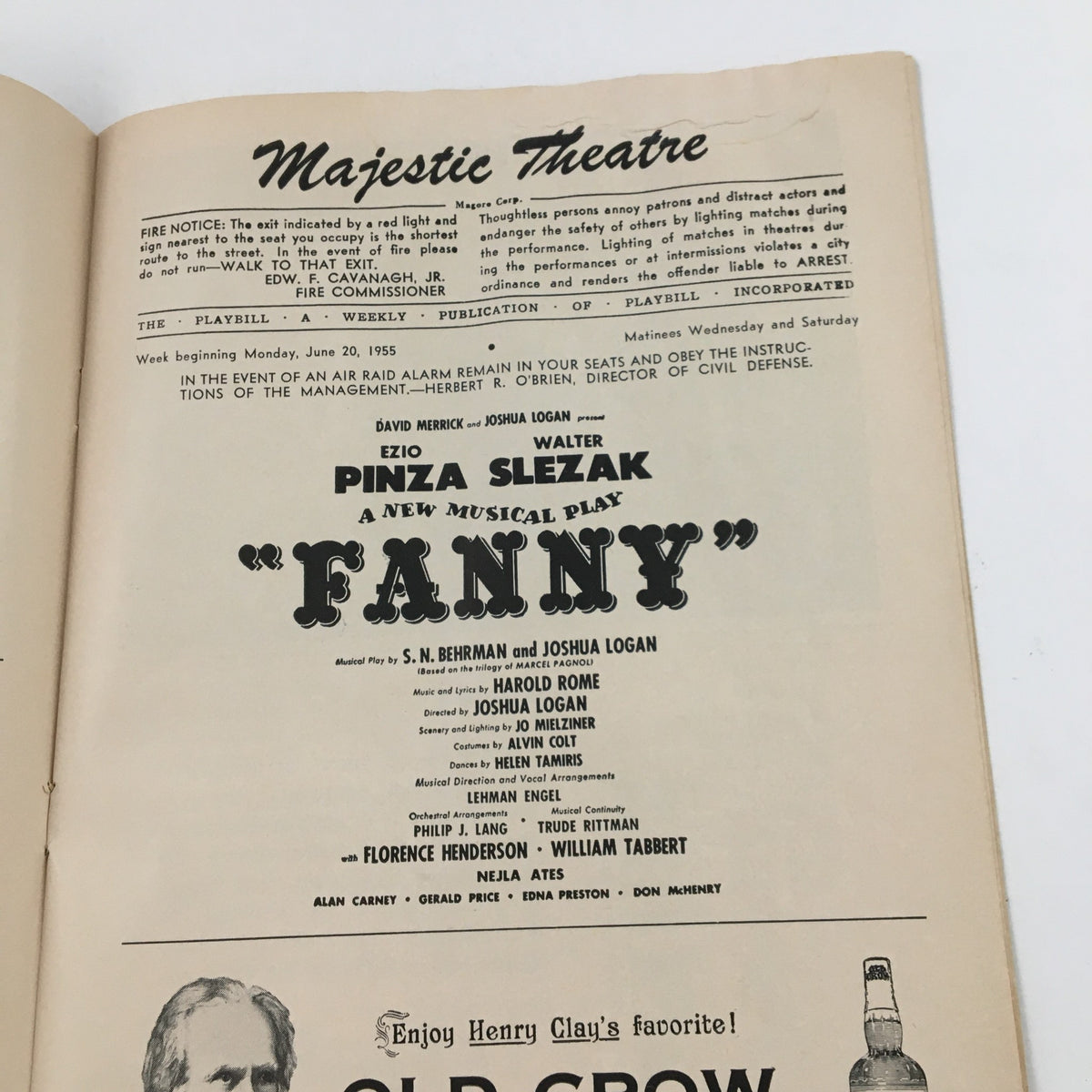 Inside view of the 1955 Playbill for Fanny, displaying the cast and crew information for the Majestic Theatre production.
