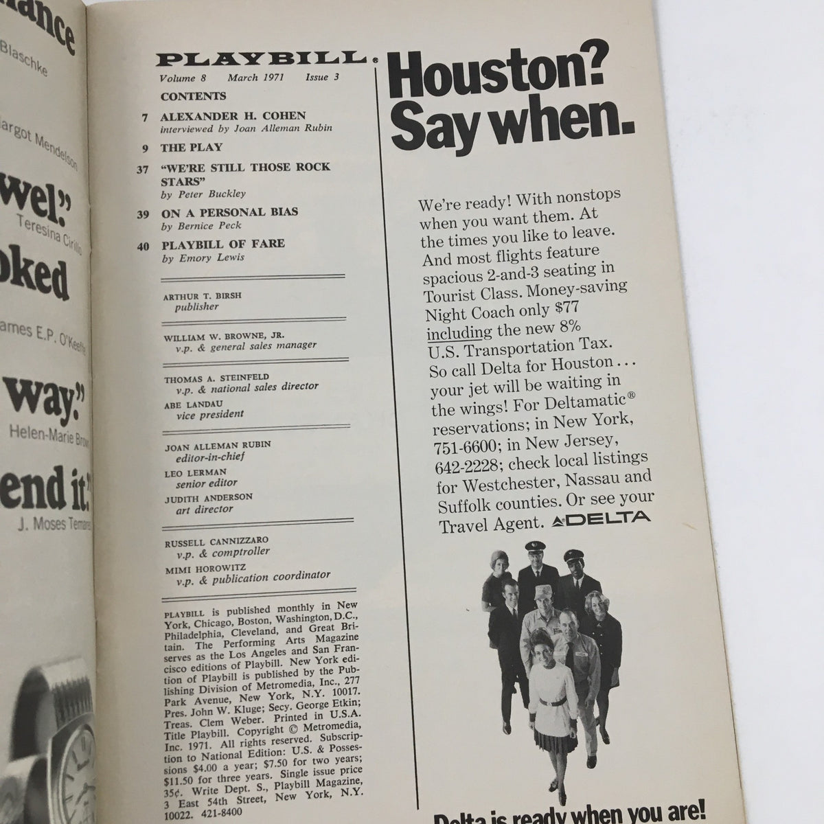 Interior page of the 1971 Playbill for A Midsummer Night's Dream containing details about the production and advertisements.