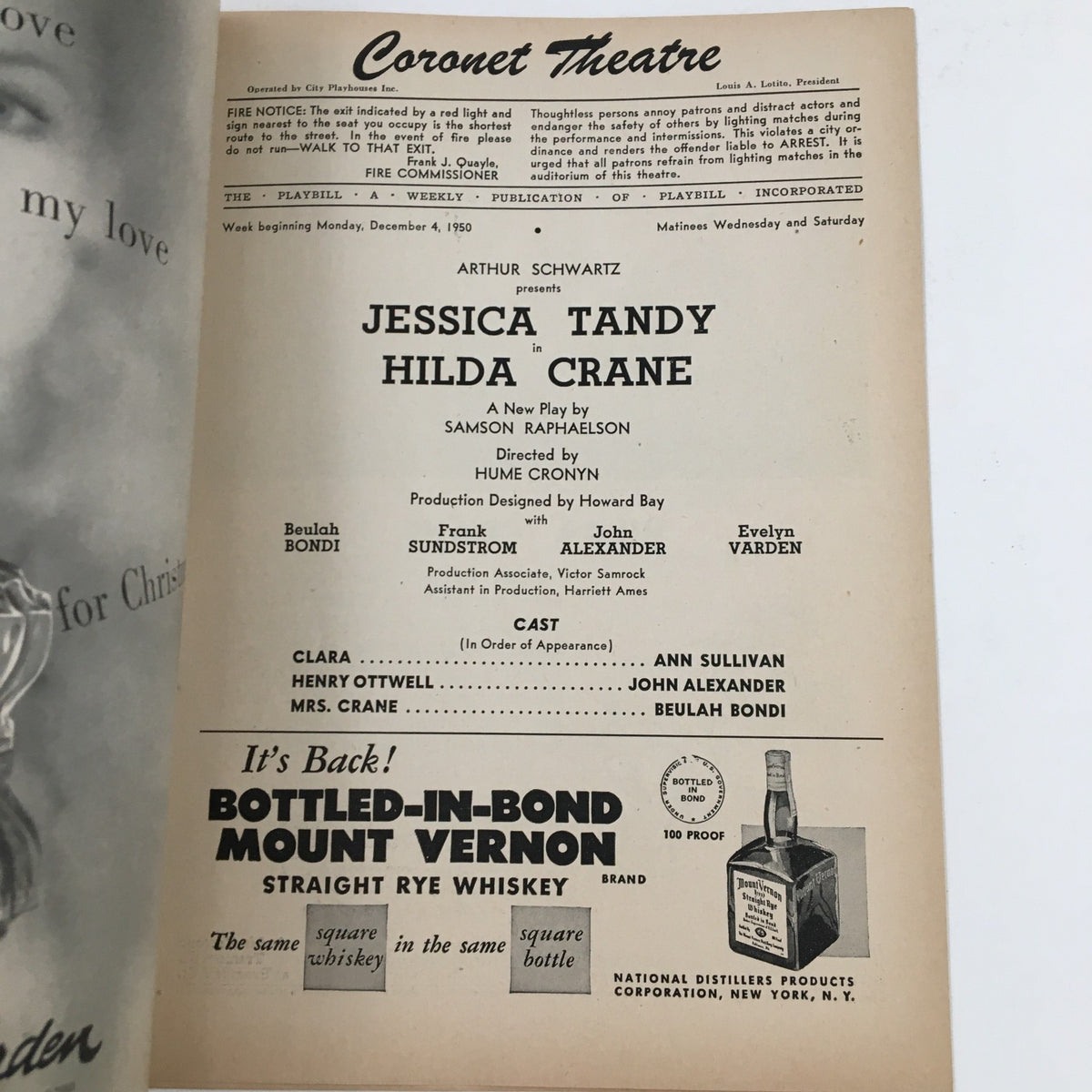 Inside page of the 1950 Playbill Coronet Theater for Hilda Crane, listing cast and production details of the play starring Jessica Tandy.
