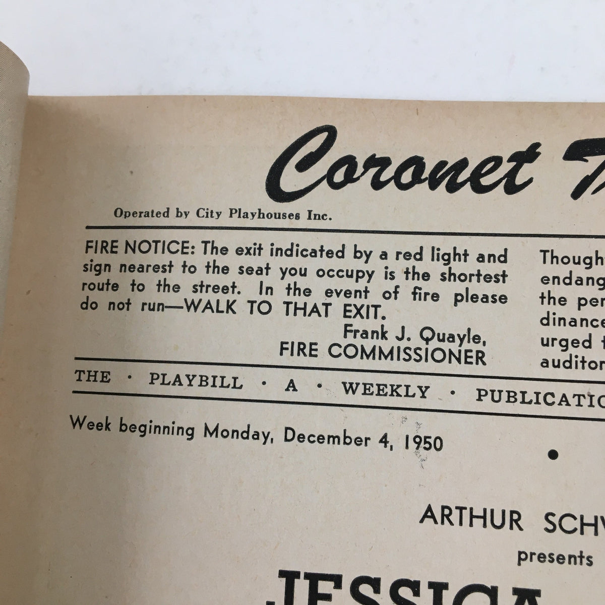 Details from the 1950 Playbill Coronet Theater, focusing on the fire safety notice and publication information for Hilda Crane starring Jessica Tandy.