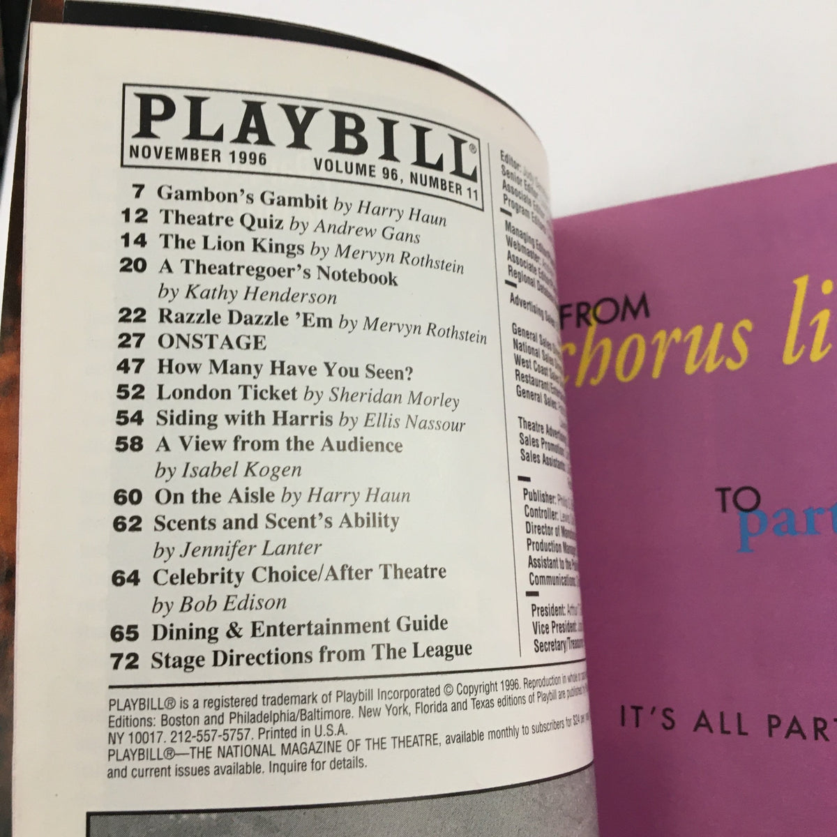 Inside page of the 1996 Playbill from Minskoff Theatre, displaying contents including other productions and articles, associated with 10086 Sunset Boulevard.
