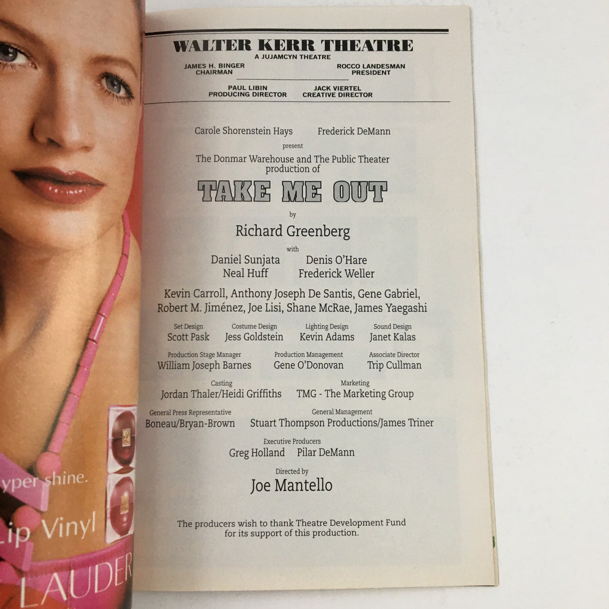 Another inside page from the 2003 Playbill for Take Me Out, showcasing the theatre’s credits and production details, enhancing its collector value.