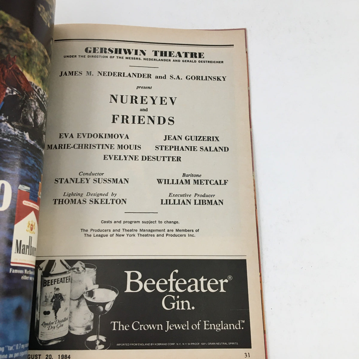 Inside page of the 1984 Playbill for Nureyev and Friends at Gershwin Theatre, listing the production details and cast information.