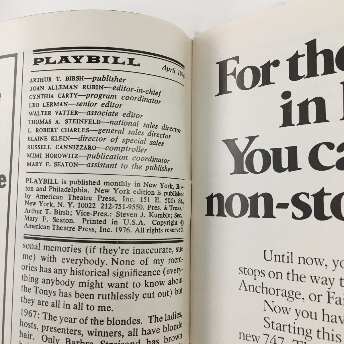 Inside view of the 1976 Playbill for The Royal Family, detailing production credits and staff members.