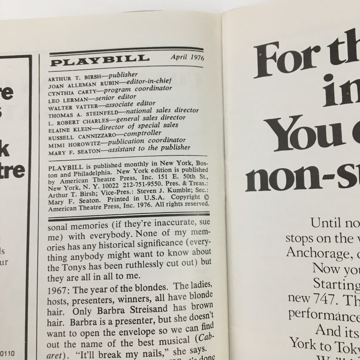 Inside page of the 1976 Playbill from Plymouth Theatre, listing editorial and publication details, including information about contributors and staff.