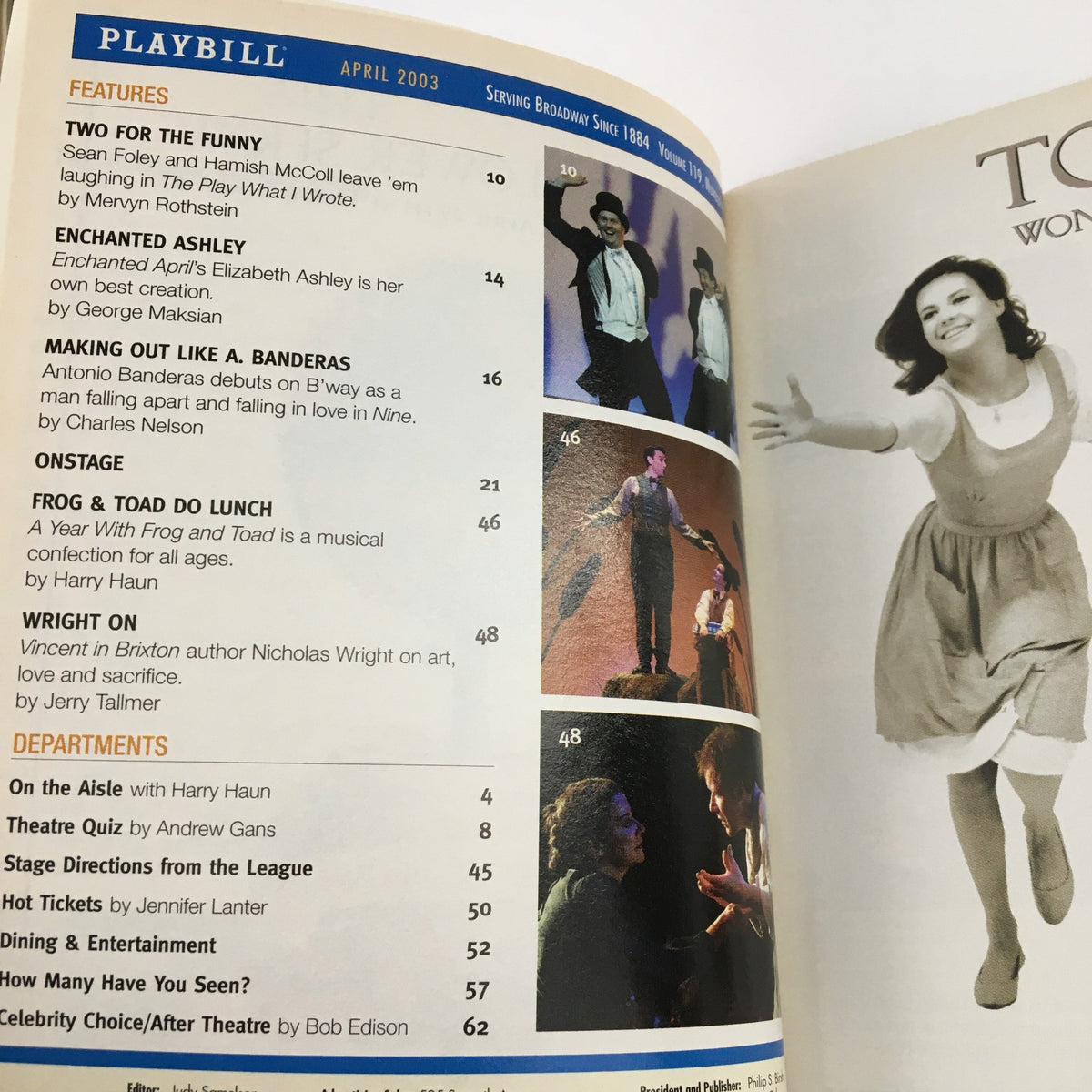 2003 Playbill for Life X 3 featuring the performance schedule and featured plays including Frog and Toad Do Lunch and Wright Out, highlighting the April 2003 edition.