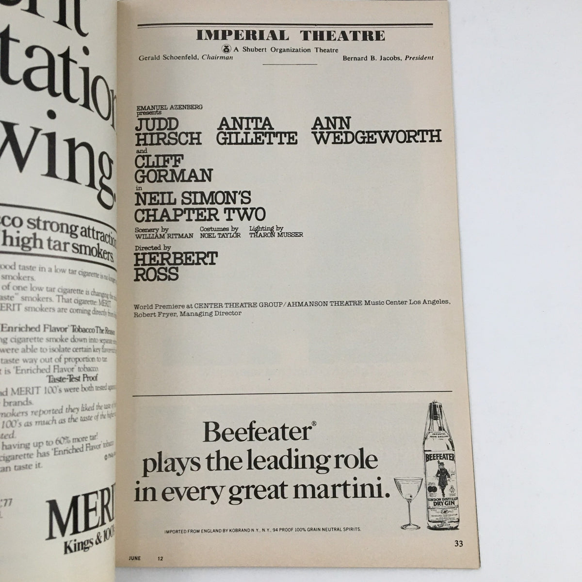 Another page from the 1978 Playbill for Chapter Two highlighting cast and sponsorship details.