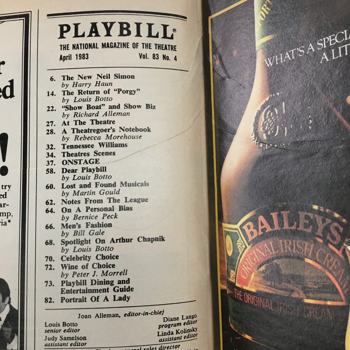 Inside of the 1983 Playbill for On Your Toes at Virginia Theatre, highlighting articles and content from the April issue.