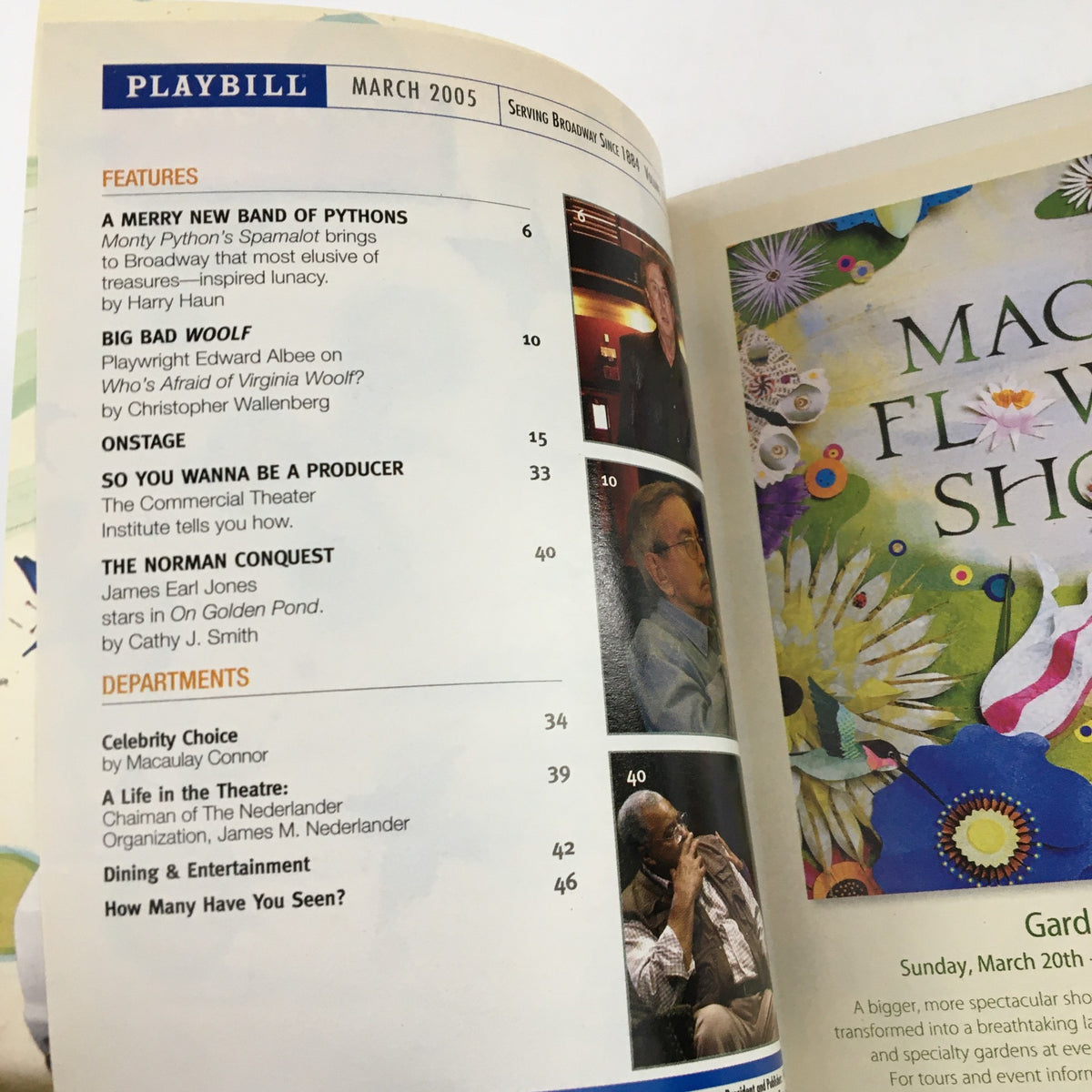 Interior page of the March 2005 Playbill featuring features and articles, related to the 2005 Playbill for La Cage Aux Folles at the Marquis Theatre.
