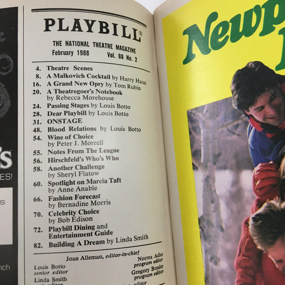 Inside page of the 1988 Playbill for Driving Miss Daisy showcasing the National Theatre Magazine content list from February 1988.