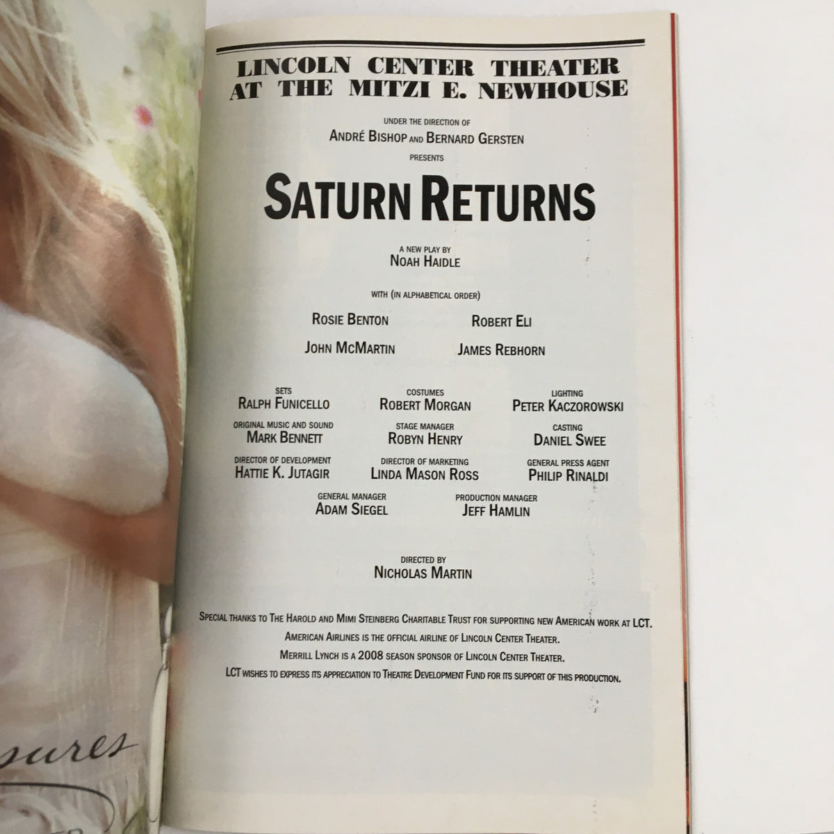 2008 Playbill Lincoln Center Theatre Present Saturn Returns by Noah Haidle, highlighting the credits and cast details of the play Saturn Returns.