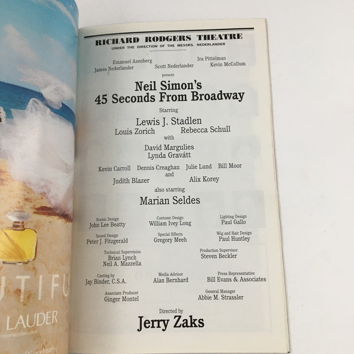 Cast and crew page from the 2001 Playbill for Neil Simon's 45 Seconds From Broadway, listing performers and production details.