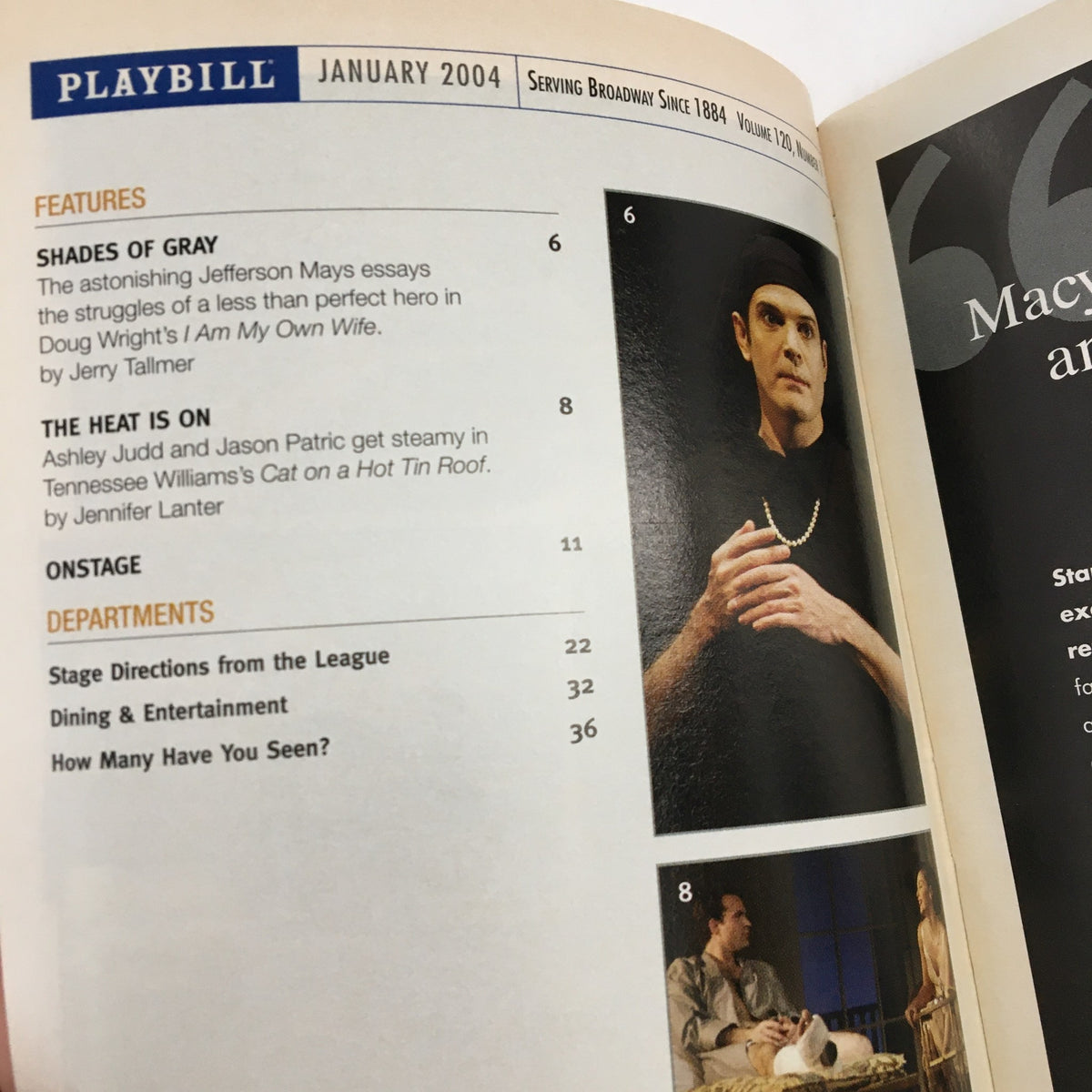 Inside page of the January 2004 Playbill with features and articles including a spotlight on Jefferson Mays.