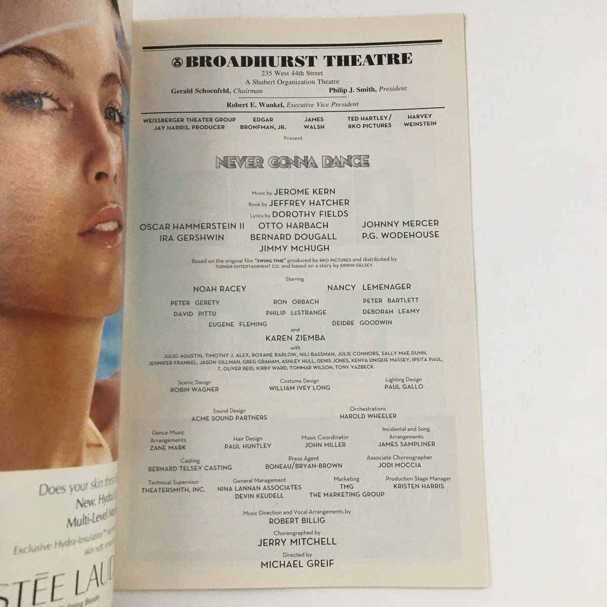 Cast and crew section from the 2004 Playbill for Never Gonna Dance at the Broadhurst Theatre, listing key contributors and production details.
