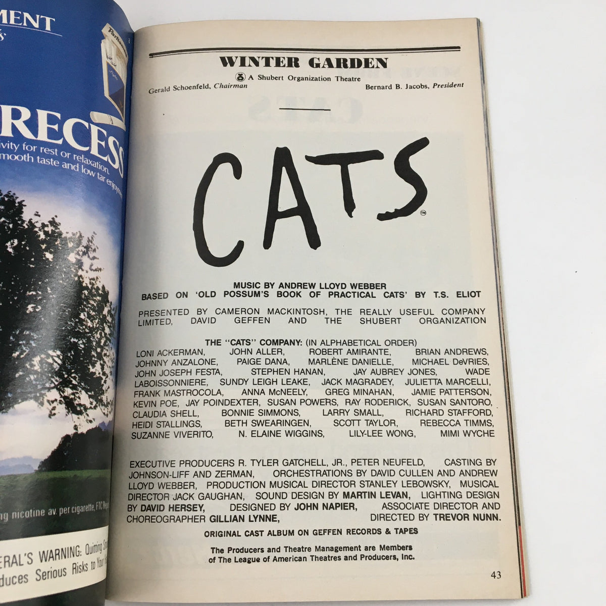 1988 Playbill for the musical Cats by Andrew Lloyd Webber, featuring the Winter Garden Theatre logo and details about the original cast and production credits. A historical collectible representing a significant moment in Broadway history.