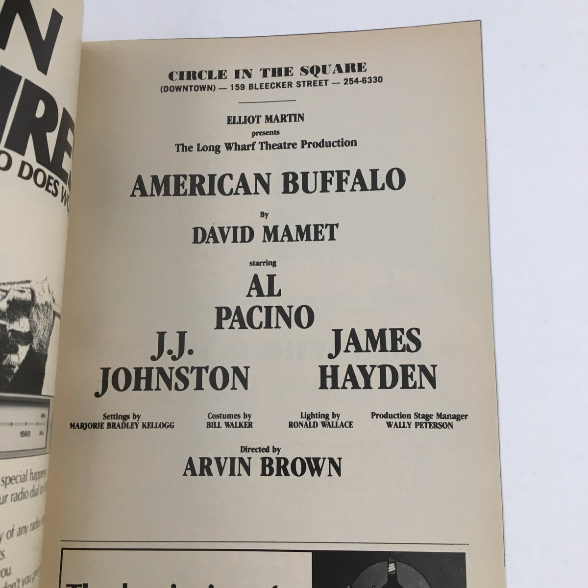 Inside page of the 1981 Showbill for American Buffalo starring Al Pacino, listing cast and production details.